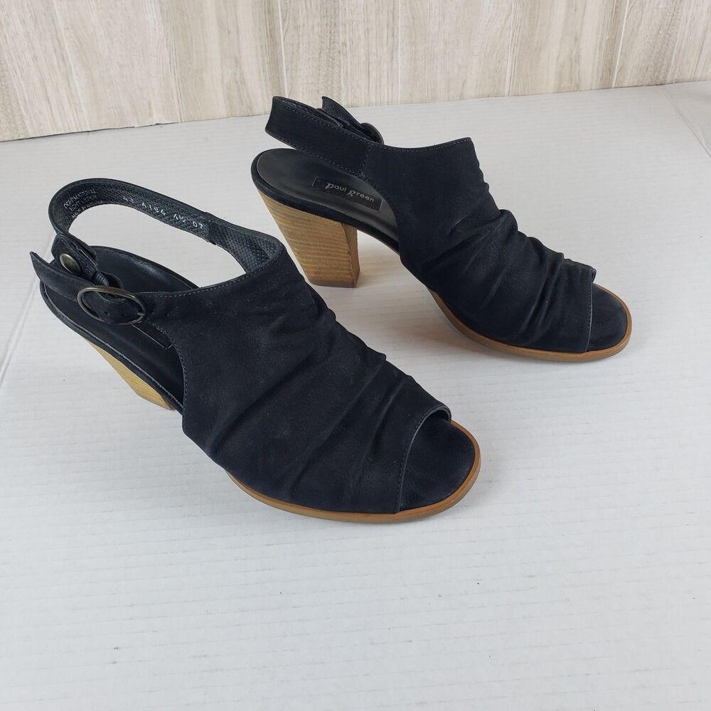 Paul Green Rival Sandal Size US 6.5 Black nubuck leather ruched peep toe upper